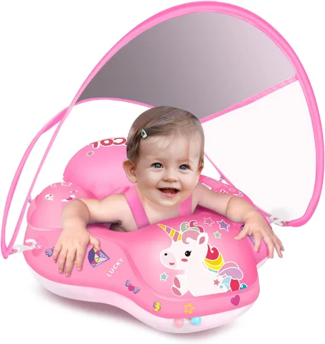 LAYCOL - Flotador inflable de natación para bebé con anillo de flotación para piscina y toldo de protección solar, cola añadida, no se voltea, para