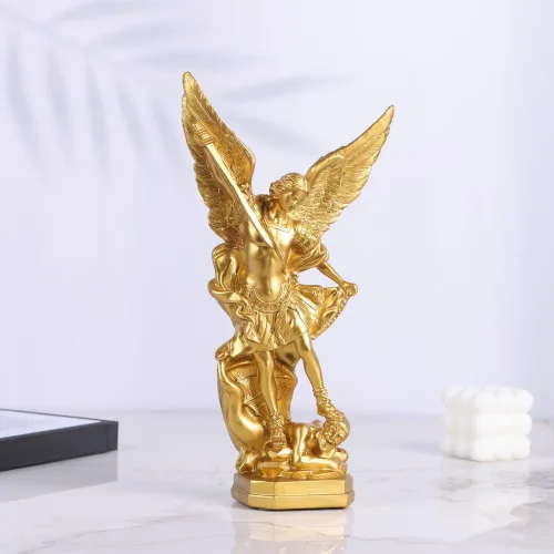 Miniatura 8 de Estatua de San Miguel Arcángel de 31.8 cm en oro, estatua de San Miguel en resina, colección de figuritas del Arcángel Miguel vitoriosamente sobre
