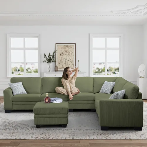 Miniatura 14 de Legend Vansen Sofá Seccional Modular de Gran Tamaño, Sofá en Forma de U de 7 Asientos con Otomana, Sofá de Pana con Asiento Profundo, Sofás Crema
