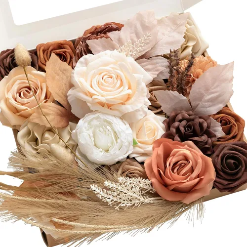 Miniatura 37 de Ling's moment Caja de Flores Falsas, Tallos de Vegetación Artificial Falsa Rosas de Espuma Dalia Hortensia de Seda Peonía Flor de Tela para Centros