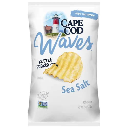 Cape Cod Waves Kettle - Papas fritas cocidas, satisfactorias para todo lo natural, ideales para sumergir (original con sal marina, 4 bolsas)