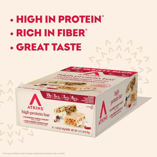 Miniatura 5 de Atkins Barrita de yogur griego de arándanos y fresas con alto contenido de proteínas, alta fibra, apta para dieta cetogénica, 12
