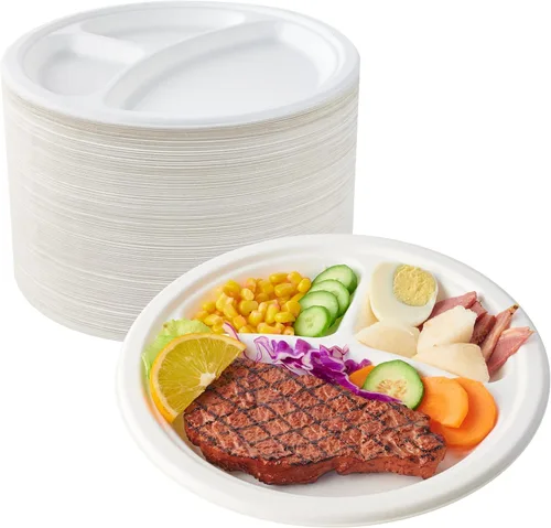Miniatura 11 de ECOLipak Platos de 5 compartimentos 100% compostables, paquete de 100 platos de papel desechables con compartimentos, platos biodegradables de caña