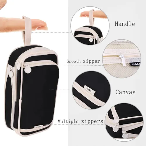 Miniatura 2 de iSuperb Estuche para lápices de gran capacidad, bolsa portátil para bolígrafos con 2 compartimentos, organizador de bolígrafos negro