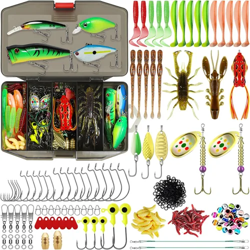 TRUSCEND Complete Fishing Lures - Tackle Box with Tackle Included - Crankbaits, Minnows, Frogs, Vibes, Poppers, Spinners, Spoons, Soft Baits, Hooks