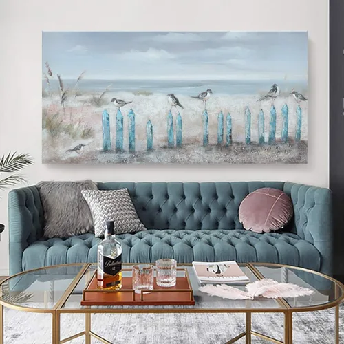 Arte de pared grande para sala de estar, pintura al óleo de playa extra grande pintada a mano, océano, mar, pájaro, gaviota, lienzo, obra de arte
