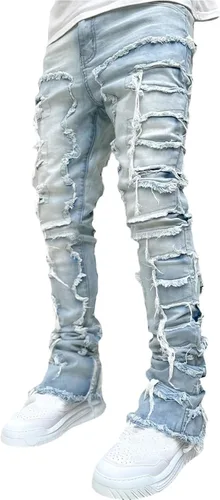 Miniatura 4 de Jeans apilados para hombre, pantalones de mezclilla rectos desgastados desgastados, ajustados sólidos rasgados, pantalones cargo Harajuku