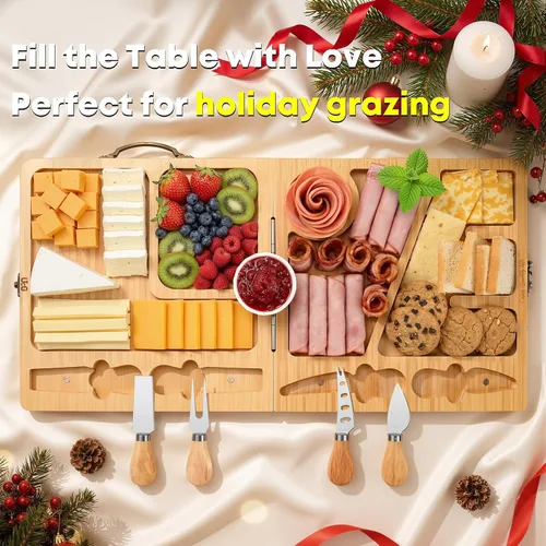 Miniatura 6 de UTCG Regalos de Tabla de Charcutería para Mujeres: Tabla de Queso Plegable de Bambú con Juego de Cuchillos - Regalo Único de Intercambio de Regalos