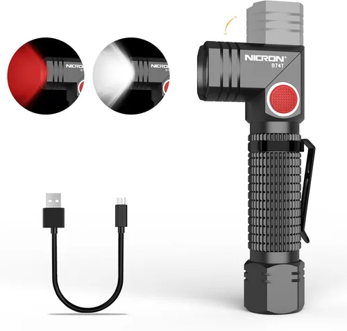 NICRON B74T Linterna de luz roja, luz LED blanca recargable de 700 lúmenes con base magnética, clip, IP65 impermeable para camping, caminata