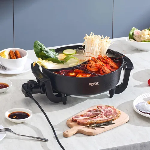 Miniatura 8 de VEVOR Olla caliente eléctrica, olla Shabu Shabu Shabu de doble sabor de 1360 W, 5 L, cocina eléctrica antiadherente con divisor, tapa de vidrio