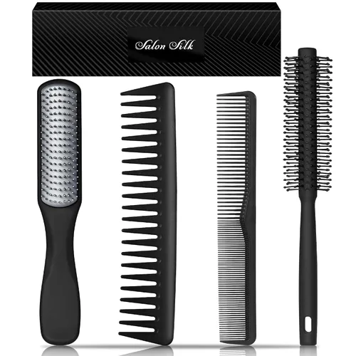 Miniatura 10 de Juego de 3 peines para hombres, peine de dientes finos y anchos - Cepillo rodillo para dar volumen, peine para peinar y acicalar para hombres