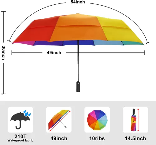 Miniatura 3 de Lejorain Paraguas grande de golf resistente al viento, 54 pulgadas, doble capa, arco iris, 10 varillas, paraguas plegable de viaje, compacto, cierre