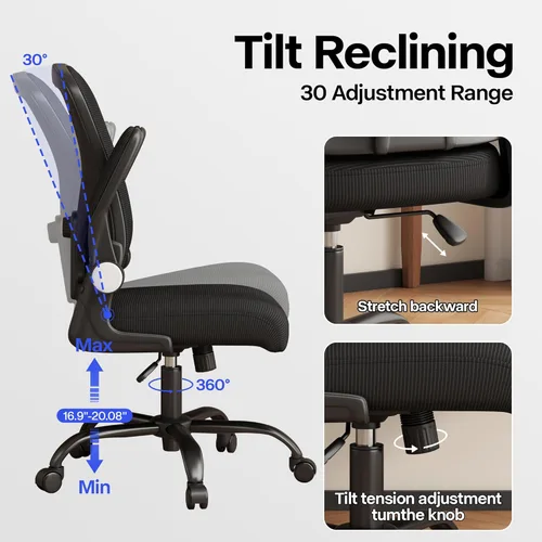 Miniatura 5 de Silla de oficina, silla de escritorio ergonómica con soporte lumbar ajustable, brazos abatibles, cómoda silla giratoria de malla para computadora
