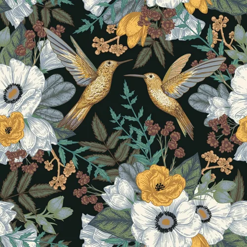 VaryStyle Papel tapiz floral de colibrí, vintage, negro/dorado, para despegar y pegar, papel de contacto con flores de pájaros para armarios, mural