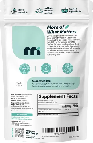 Miniatura 7 de Micro Ingredients Vitamina K2 MK-7 200 mcg por porción, 300 cápsulas blandas de aceite de coco Suplemento de vitamina K2 con aceite de coco Sin