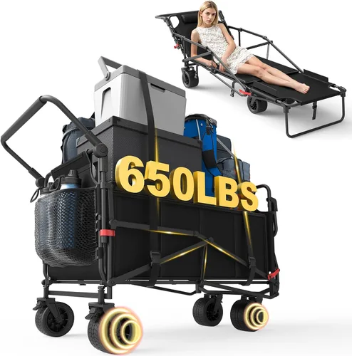 Miniatura 13 de LEVELEVE Vagón Plegable de Servicio Pesado - Carrito Plegable 2 en 1, Capacidad de 400 libras, Ruedas Todo Terreno con Frenos y Bolsillos Laterales