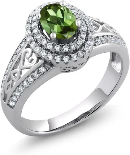 Miniatura 7 de Anillo de compromiso con halo de piedra preciosa y piedra natal en plata chapada en oro amarillo de 18 quilates, ovalado, 0.236 x 0.157 pulgadas