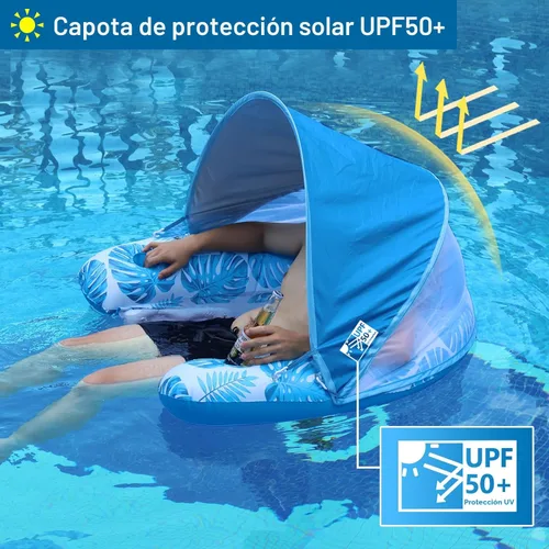 Miniatura 2 de COOLCOOLDEE Flotador de piscina con toldo y portavasos - Flotador de silla de piscina XL con cubierta de parasol ajustable, portavasos, respaldo Azul