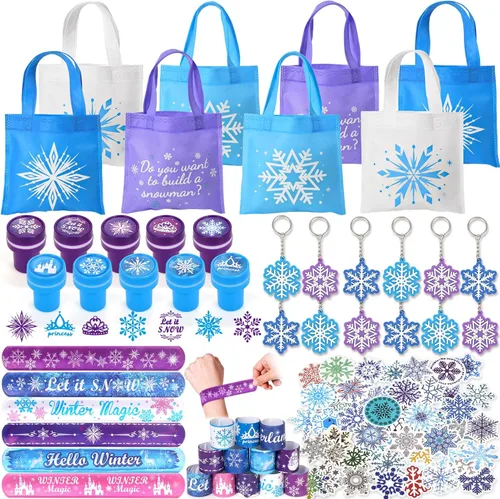 Winrayk 98 piezas de regalos de fiesta de Frozen suministros de cumpleaños, bolsa de mano no tejida, sello de copo de nieve, llavero adhesivo,