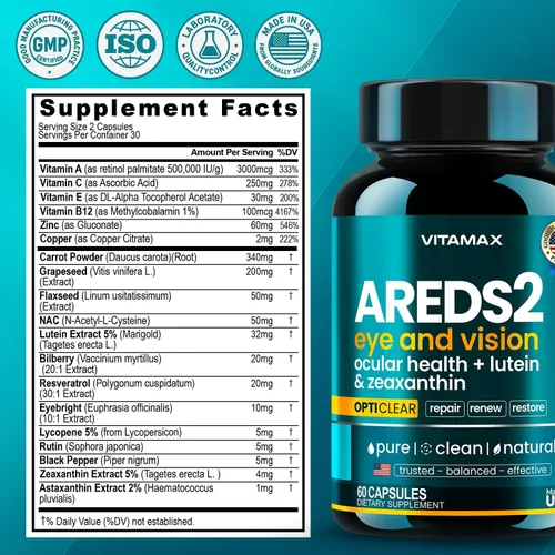 Miniatura 7 de AREDS 2 Vitaminas oculares – Luteína, zeaxantina, arándano, suplemento mineral de astaxantina para la visión – Apoya la fatiga ocular, ojos secos