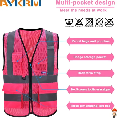 Miniatura 4 de A-SAFETY Chaleco reflectante de seguridad de malla de alta visibilidad con bolsillos y cremallera, chaleco de trabajo Hi Viz para hombres y mujeres
