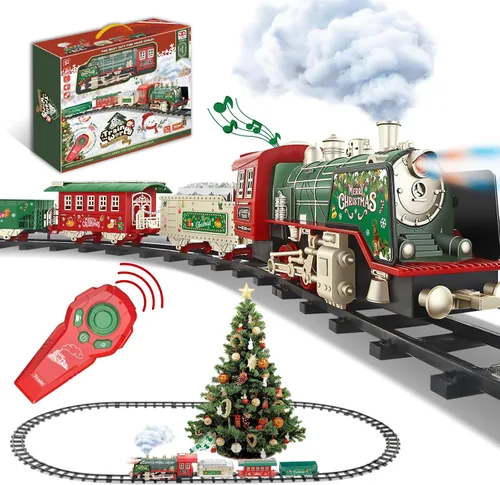 JQ JUQU Juego de tren eléctrico de control remoto con vapor real, luces y sonido, tren de juguete para niños de 3 a 8 años con pistas completas,