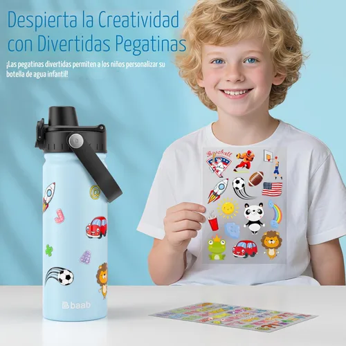 Miniatura 6 de baab Botella de Agua para Niños de 18 oz, Botella de Agua Aislada para Niños con Tapa de Boquilla Bloqueable y Calcomanías, Taza de Agua para Niños