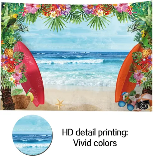 Miniatura 2 de HQM Fondo de fotos con temática de playa tropical de verano, 5 x 3 pies, tela para conchas de playa, Hawaii, flor de mar azul, para niños