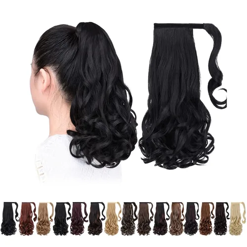 Miniatura 18 de Extensiones de cola de caballo caoba, cola de caballo rizada con clip, 22 pulgadas, 3.5 onzas, extensión de cabello sintético negro, extensión