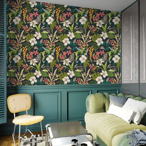 Miniatura 3 de VEELIKE Papel tapiz floral negro de 17.7 x 118 pulgadas, papel tapiz tropical oscuro para dormitorio, baño, autoadhesivo, extraíble, botánico, papel