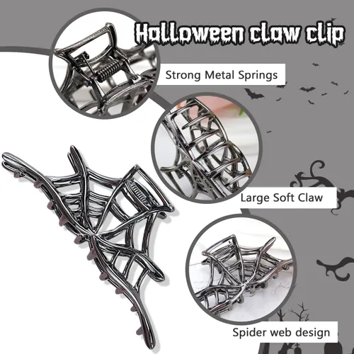 Miniatura 3 de Accesorios para el cabello de Halloween de metal negro – Pinzas para el cabello de telaraña y horquillas para mujeres y niñas, clips antideslizantes