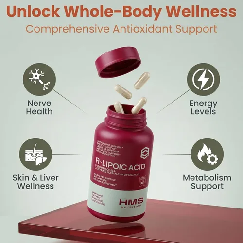 Miniatura 9 de HMS Nutrition Ácido R-lipoico estabilizado de 300 mg por porción, ácido R alfa lipoico puro (R-ALA) de alta potencia activo R isómero, antioxidante