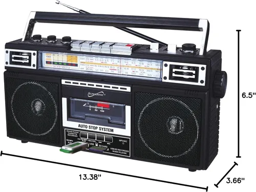 Miniatura 5 de Supersonic SC-3201BT - Boombox de radio de 4 bandas y reproductor de cassette, altavoz Bluetooth, radio AM/FM/SW con reproducción de MP3, tarjeta