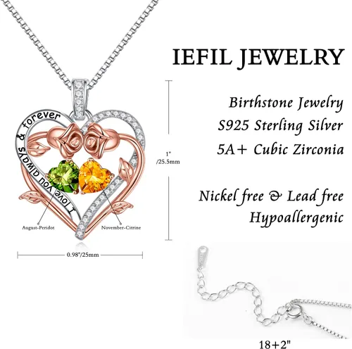 Miniatura 5 de Iefil Rose Heart Double Birthstone Necklace Gifts for Wife Girlfriend Her Women, Birthstone Jewelry Gemstone Birthday Gifts for Mom Grandma Her Wife