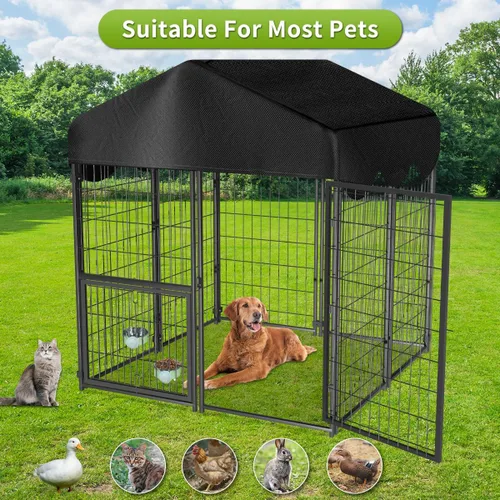Miniatura 6 de Perrera resistente para perros al aire libre, perreras cubiertas exteriores con techo, 4 x 4.2 x 4.5 pies, puerta de comedero ajustable para perros