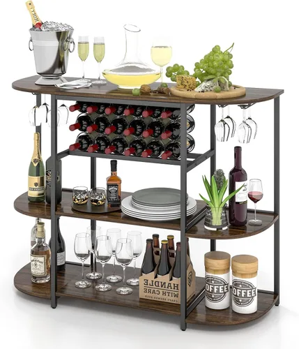 LOKO Mesa de estante para vinos, gabinete industrial de bar de vino de 47 pulgadas con estante para vino y soportes para vidrio, gabinete de