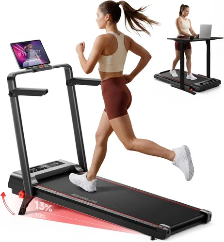 RHYTHM FUN Cinta de correr con inclinación, almohadilla para caminar con barra de mango, almohadilla para caminar de 300 libras con aplicación,