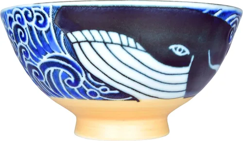 Miniatura 4 de Mino Ware - Tazón de arroz japonés, sopa de fideos de ramen de arroz, pasta Sarada, Chawn de ballena ondulada, 4.6 pulgadas, 10 onzas, juego de 2