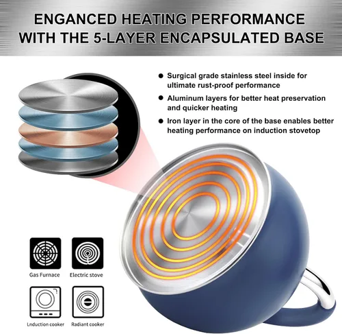 Miniatura 5 de Tetera silbante para estufa, tetera de acero inoxidable con mango ergonómico de silicona, tetera para estufa, 3.2 cuartos de galón / 3 litros, azul