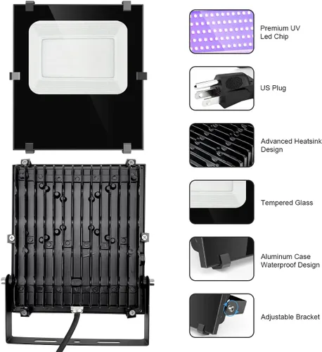 Miniatura 5 de Luces negras de 300 W para exteriores, luces LED comerciales de alta potencia con enchufe con certificación UL, IP66, luz negra impermeable 395 nm