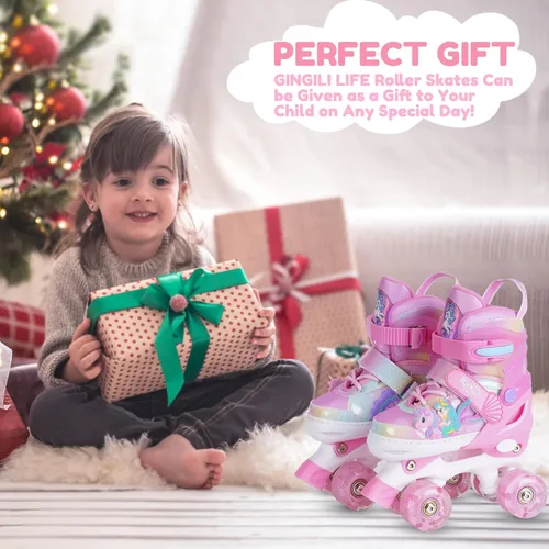 Miniatura 7 de Patines de ruedas para niñas de 3 a 12 años, patines ajustables con luz para niños pequeños, principiantes, unicornio, sirena, arco iris, regalo Rosa