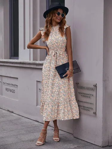 Miniatura 5 de MakeMeChic Vestido midi con cuello alto y volantes para mujer con mangas casquillo y cinturón