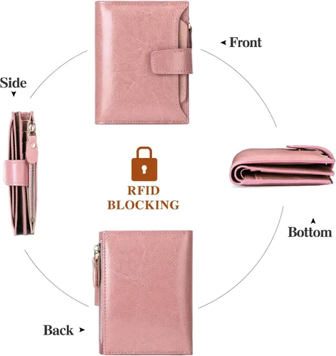 Miniatura 4 de FALAN MULE - Cartera de cuero auténtico para mujer pequeña plegable compacta con interferencia de radiofrecuencia RFID