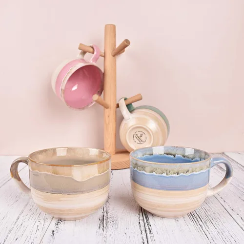 Miniatura 7 de Bosmarlin Juego de 2 tazas de café grandes de cerámica, tazas de café jumbo de gres para oficina y hogar, 16 onzas, aptas para lavavajillas y Azul