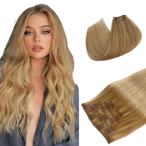 Miniatura 27 de Extensiones de cabello rubio ceniza con reflejos, extensiones de cabello humano real con clip, de 12 pulgadas, 2.47 onzas, doble trama, invisible