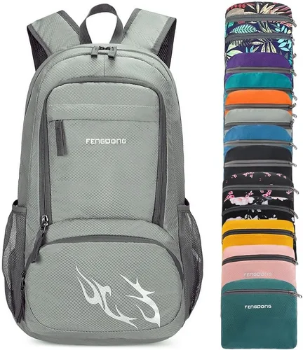 FENGDONG mochila ligera plegable impermeable de 35L, mochila de senderismo pequeña para viajes, para hombres y mujeres Actualización gris A4