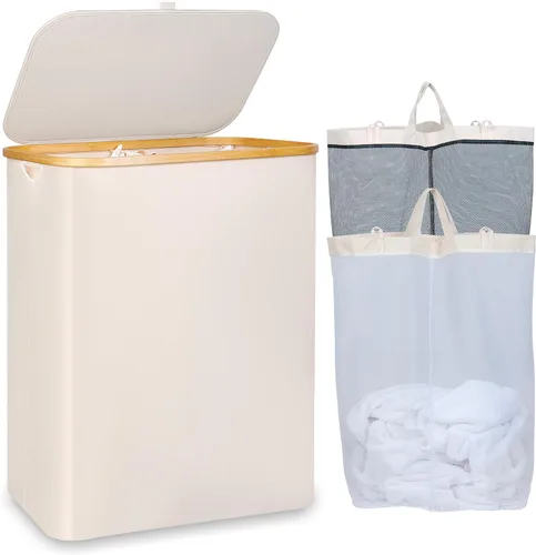 Miniatura 9 de iEGrow - Canasta de lavandería de 150 litros con tapa - Gran canasta de lavandería con asas de bambú, color gris, cestas para lavandería, cesta