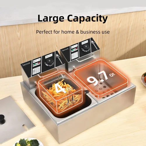 Miniatura 3 de Freidora comercial profunda con cestas, 3400W 12.7QT/12L de acero inoxidable engrosado para mostrador, freidora eléctrica de aceite de gran