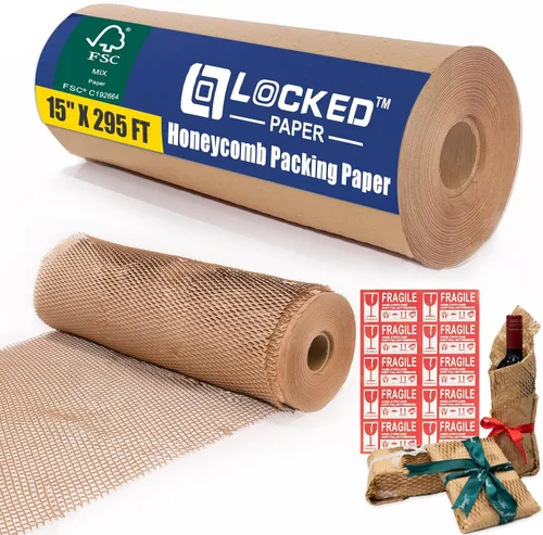 Miniatura 12 de Rollo de papel de embalaje de panal de abeja de 12 pulgadas x 295 pies con calcomanías frágiles, envoltura acolchada biodegradable para mudanza