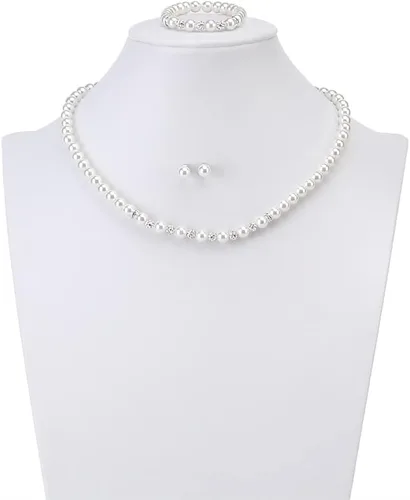 Miniatura 2 de Collar de perlas de imitación de cristal de imitación de cristal blanco de 14.5 pulgadas de 0.236 in, pulsera de pendientes, cuentas de arcilla